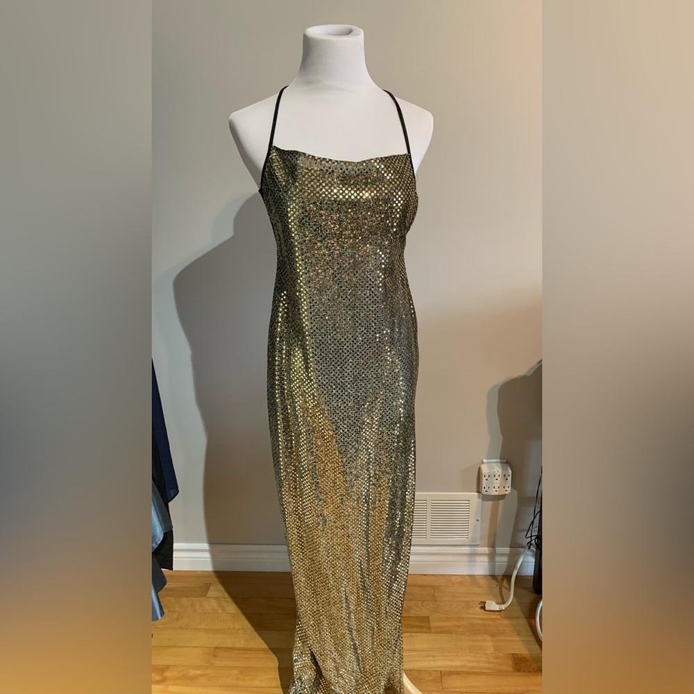 Gold sequin backless maxi dress formal